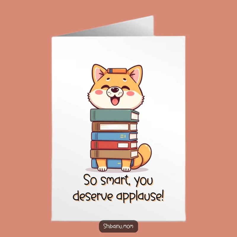 Free Printable Shiba Congrats Card: Smart Dog Piles Books for Your Win!