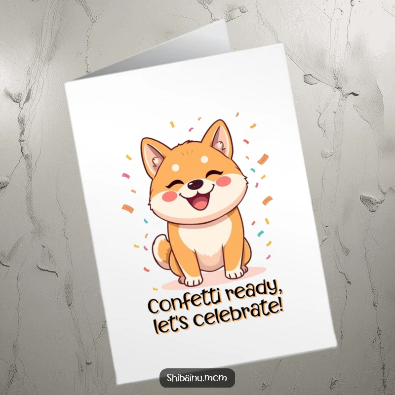 Funny Free Printable Congratulations Card featuring a mischievous Shiba Inu enthusiastically showering confetti for a grand celebration.