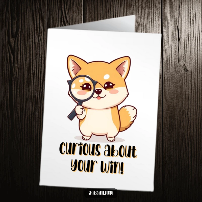Funny Free Printable Congratulations Card: Shiba Inu dog peering through a magnifying glass with a mischievous glint.