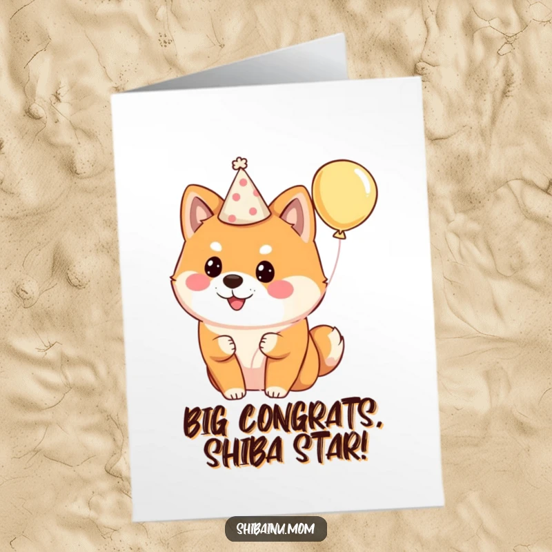 Funny Free Printable Shiba Inu Congrats Card: A fluffy dog in a party hat holding a balloon, celebrating your wonderful success.