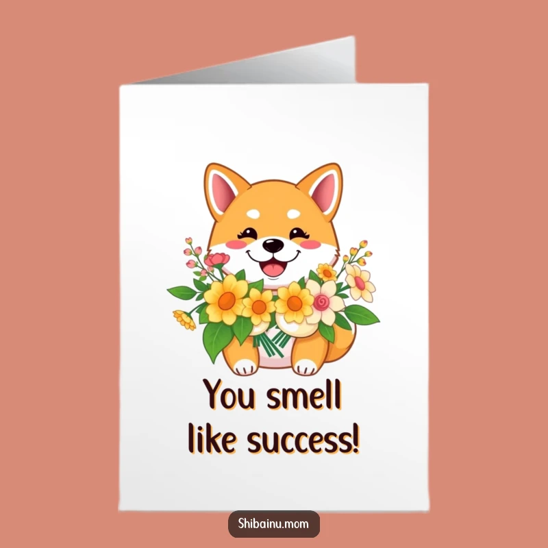 Free Printable Shiba Inu Congrats Card: Smiling Dog, Flower Gift, Downloadable Joy