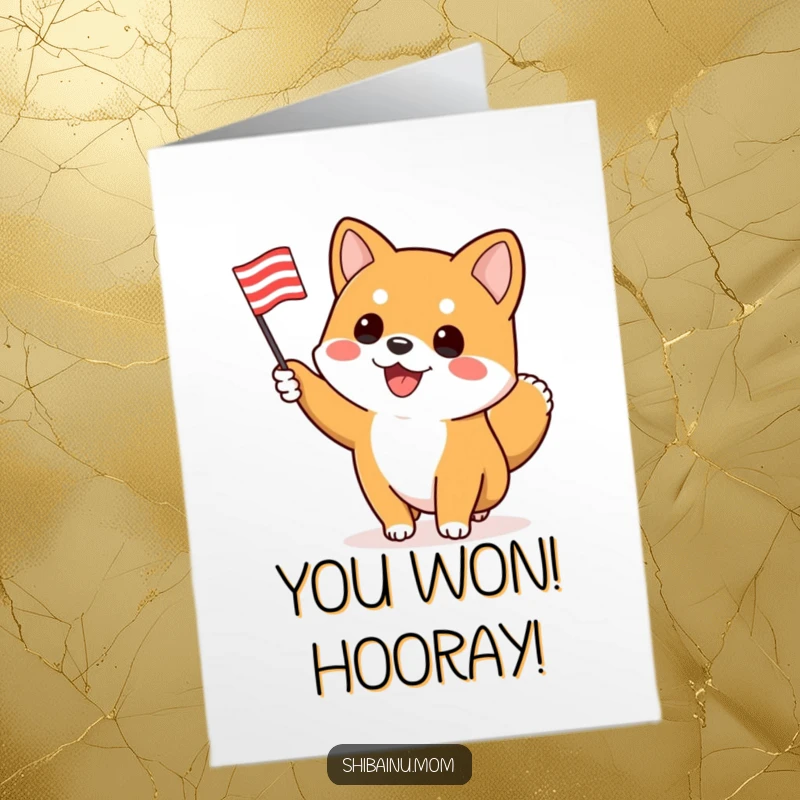 Funny Free Printable Congratulations Card: A Shiba Inu enthusiastically waves a little striped flag, celebrating success.