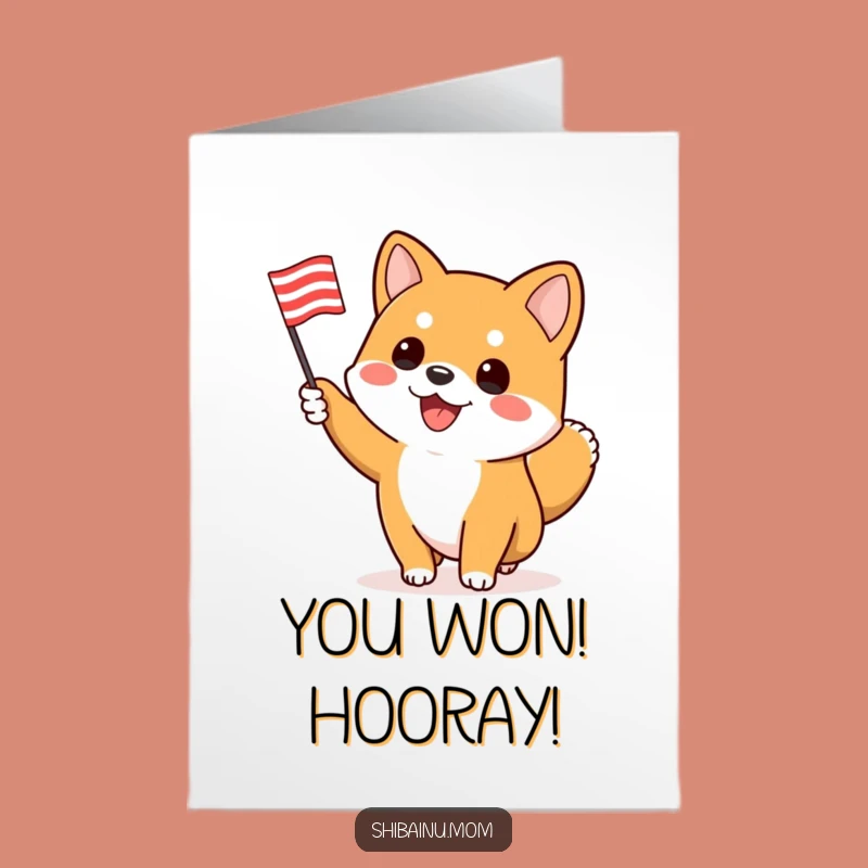 Free Printable Shiba Inu Congrats Card: Waving Flag, Cheerful Dog, Downloadable Win