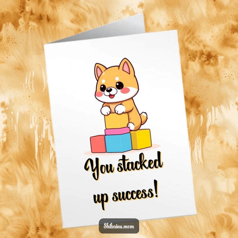 Funny Free Printable Shiba Inu Congratulations Card: a dog successfully balancing wobbly blocks, a feat of celebration.