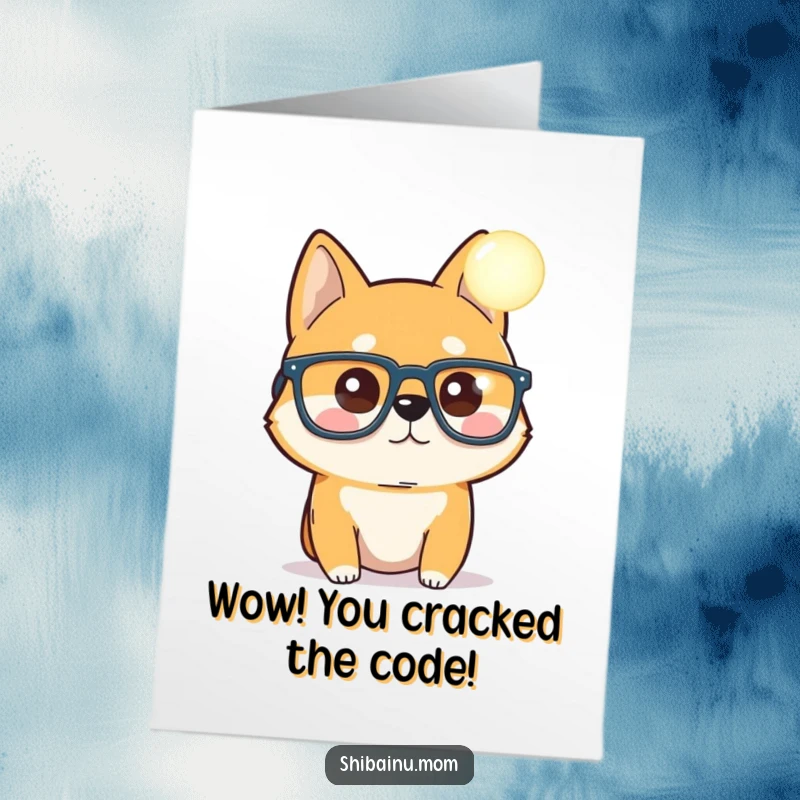Funny Free Printable Congratulations Card: A Shiba Inu in large glasses looks inquisitively at a brightly glowing orb, celebrating new finds.