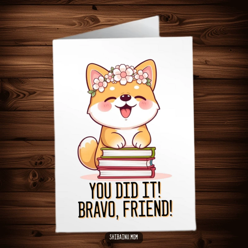 Funny Free Printable Congratulations Card: A happy Shiba Inu wearing a flower crown giggles while balancing books, perfect for celebrating achievements.