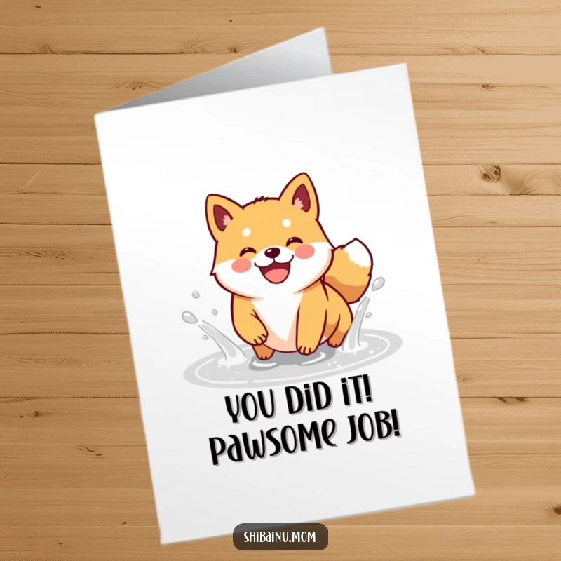 Funny Free Printable Congrats Card: Adorable Shiba Inu gleefully splashing in a puddle, spreading pure joy and celebration.