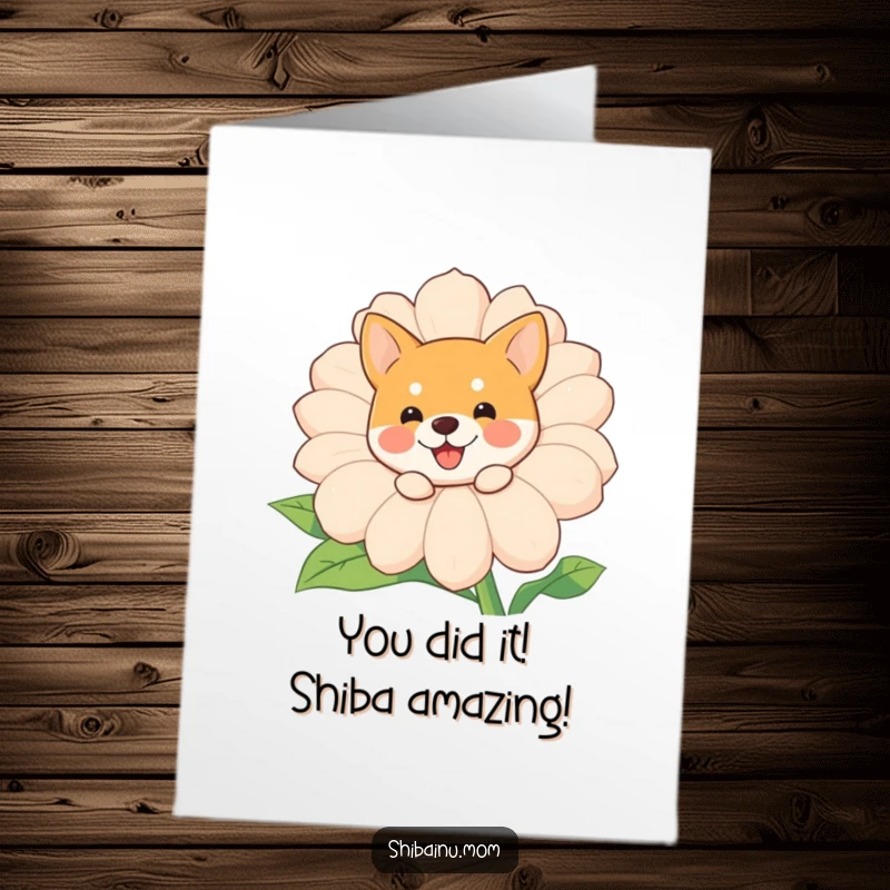 Funny Free Printable Congrats Card showing a happy Shiba Inu peeking from behind a large, smiling flower.