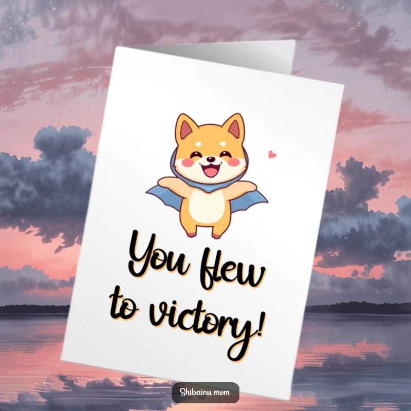 Funny Free Printable Congratulations Card: Shiba Inu dog with a tiny cape, flying high with pure elation.