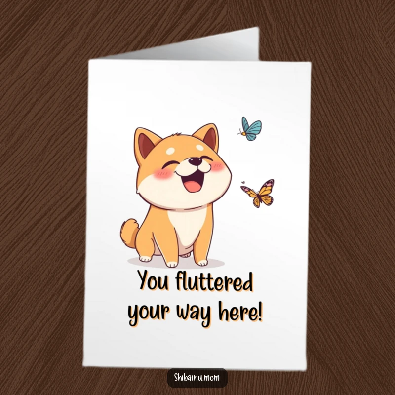Funny Free Printable Congratulations Card: Shiba Inu giggling, surprised by a butterfly, mouth open, great gift.