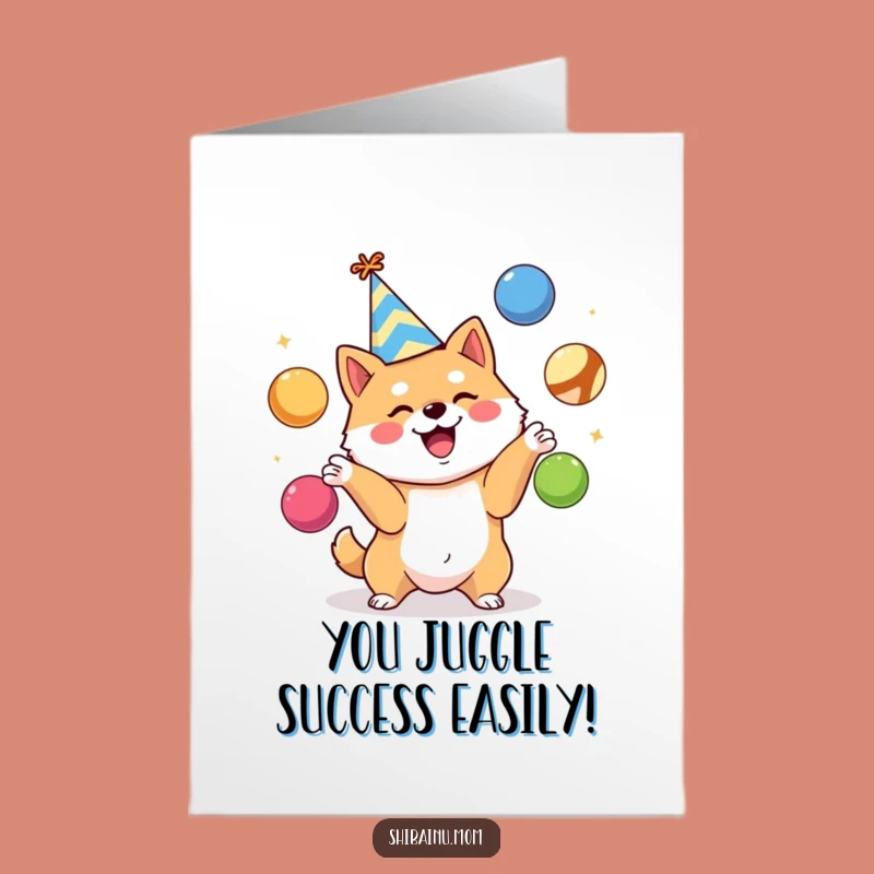 Free Printable Shiba Inu Congrats Card: Juggling Champ, Funny Downloadable Gift