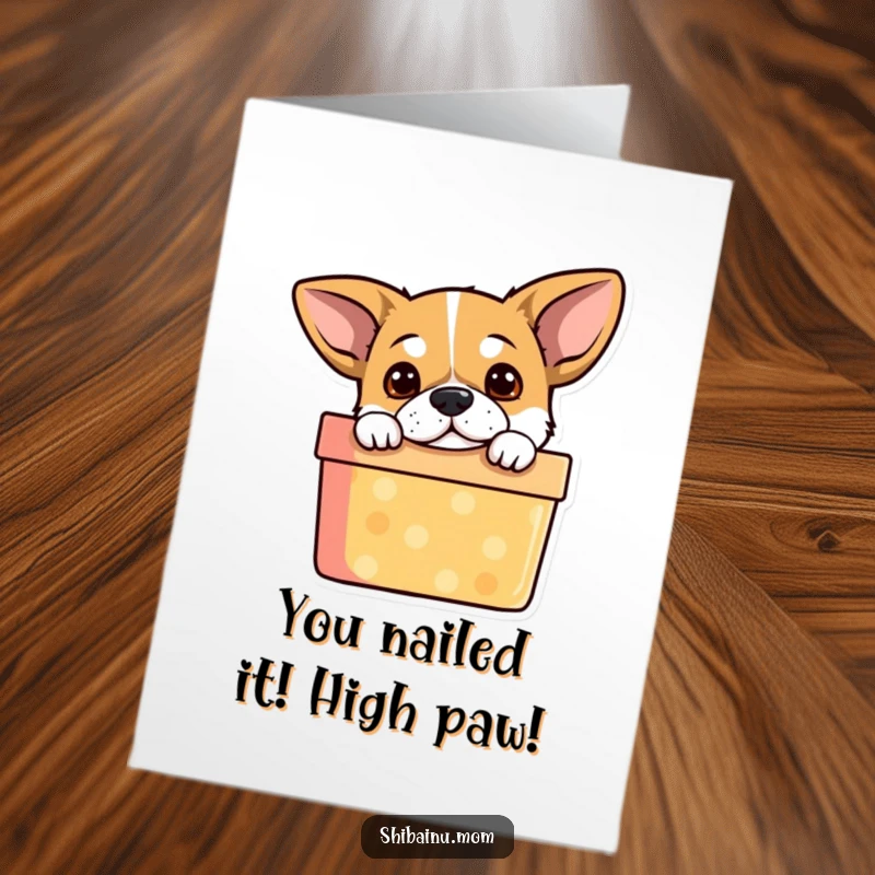 Funny Free Printable Congrats Card: Alert dog peeking from a vibrant gift box, celebrating achievements with playful curiosity.