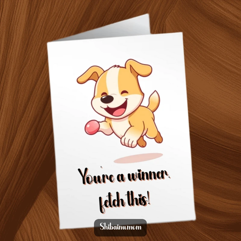 Funny Free Printable Congrats Card: Energetic dog with a happy grin bounds after a sphere, celebrating success with playful energy.