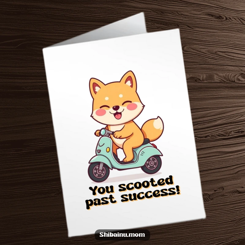 Funny Free Printable Shiba Inu Congrats Card: A Shiba Inu winks while riding a small scooter, celebrating an achievement.