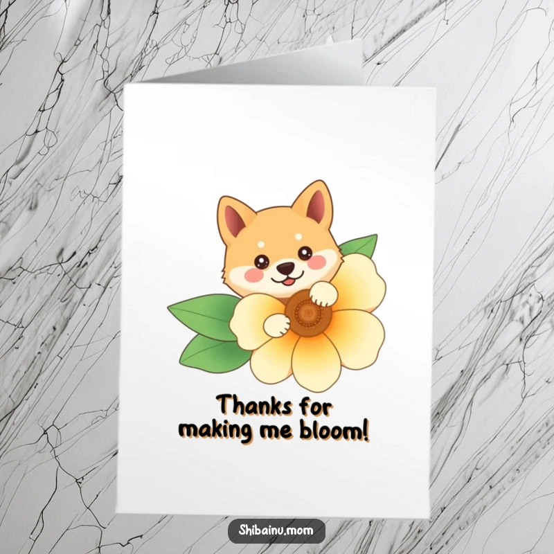 Funny free printable thank you card showing a Shiba Inu character emerging from behind a large, cheerful flower.