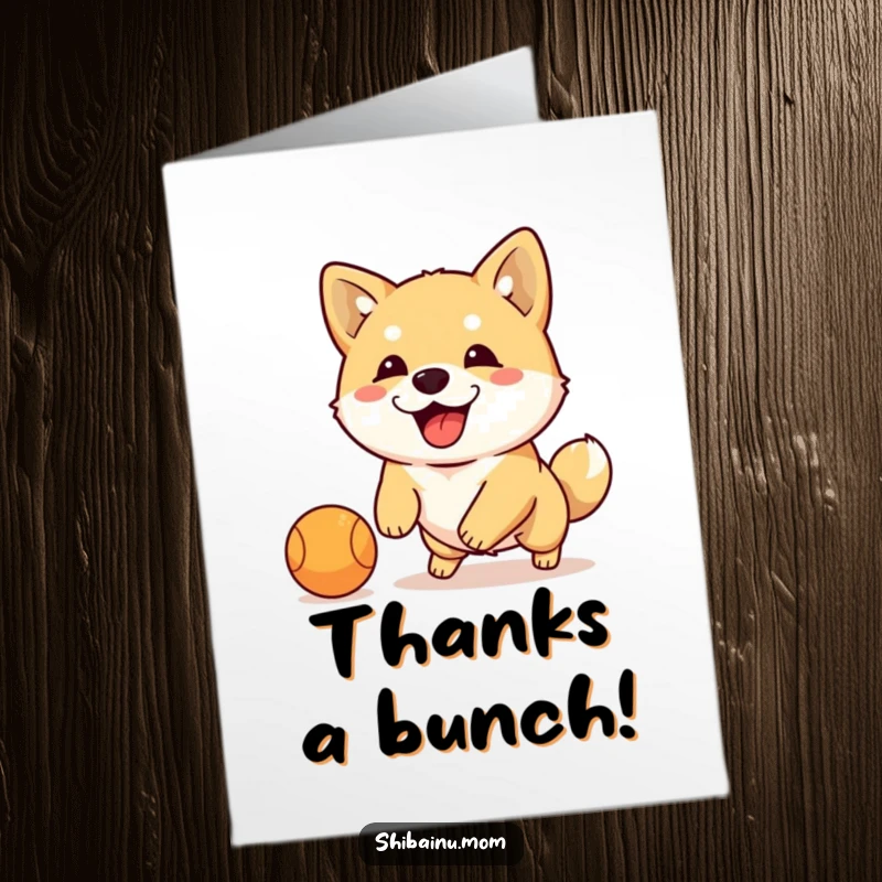 Funny Free Printable Thank You Card: A happy Shiba Inu with floppy ears dribbling a small ball with enthusiasm.