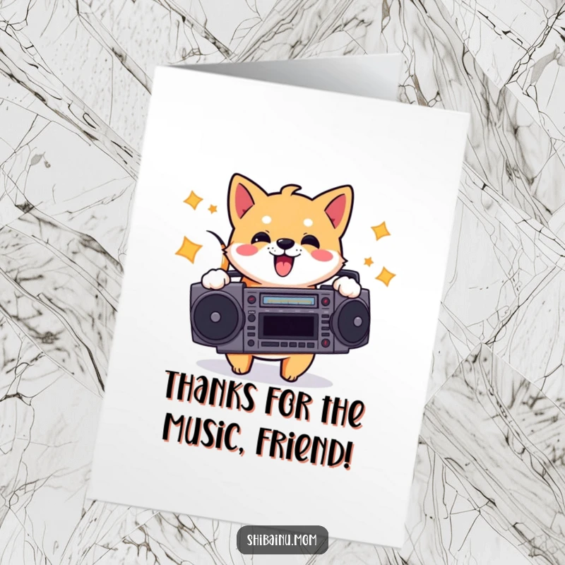 Funny Free Printable Thank You Card: A Shiba Inu holding a boombox, head bopping energetically, conveying thanks through music and fun.