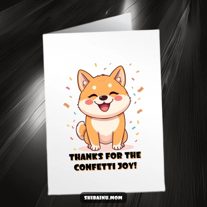 Funny Free Printable Thank You Card showing a Shiba Inu with a cheeky grin, playfully throwing confetti as a token of thanks.