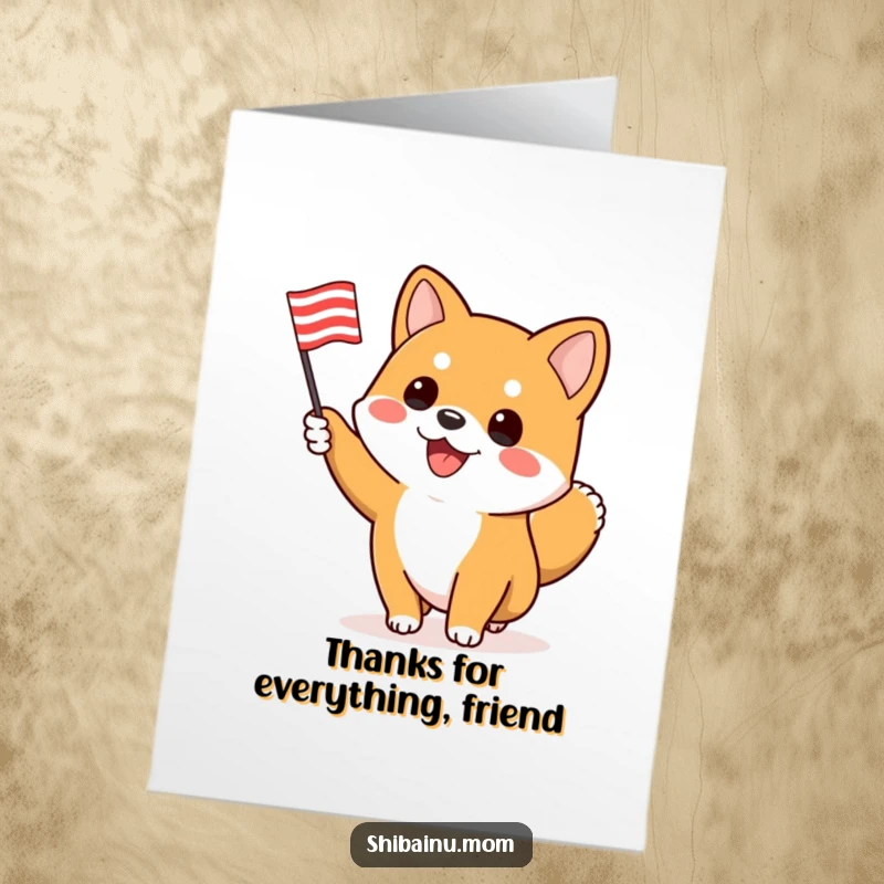 Funny Free Printable Thank You Card: A happy Shiba Inu waves a small, striped flag with great enthusiasm.