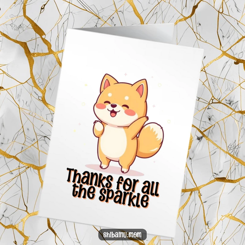 Funny Free Printable Thank You Card of a Shiba Inu performing a cute dance with festive sparkles swirling around.