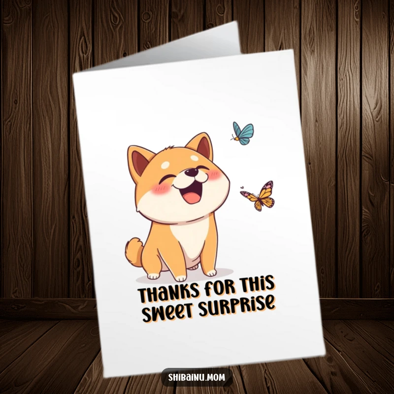 Funny Free Printable Thank You Card: Shiba Inu giggling at a falling butterfly, mouth open, perfect gift.