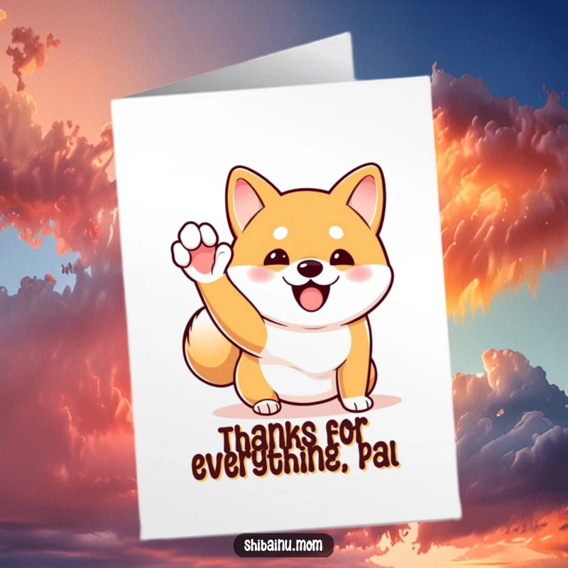 Funny Free Printable Thank You Card of a Shiba Inu enthusiastically waving a tiny paw, its tail a blur of happy motion.