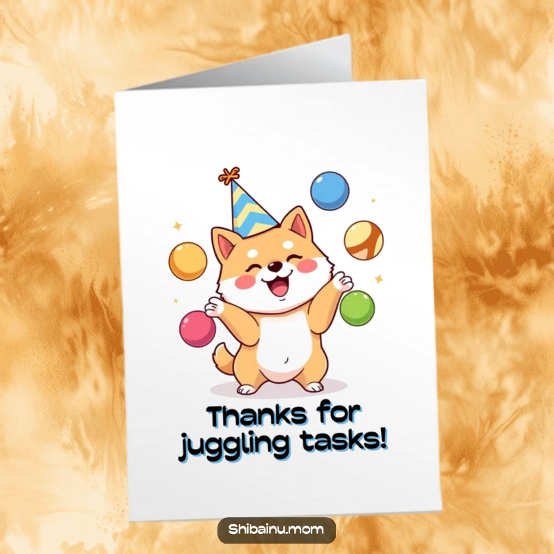 Funny Free Printable Thank You Card: A joyful Shiba Inu wearing a party hat excitedly juggles colorful balls, thankful for everything.