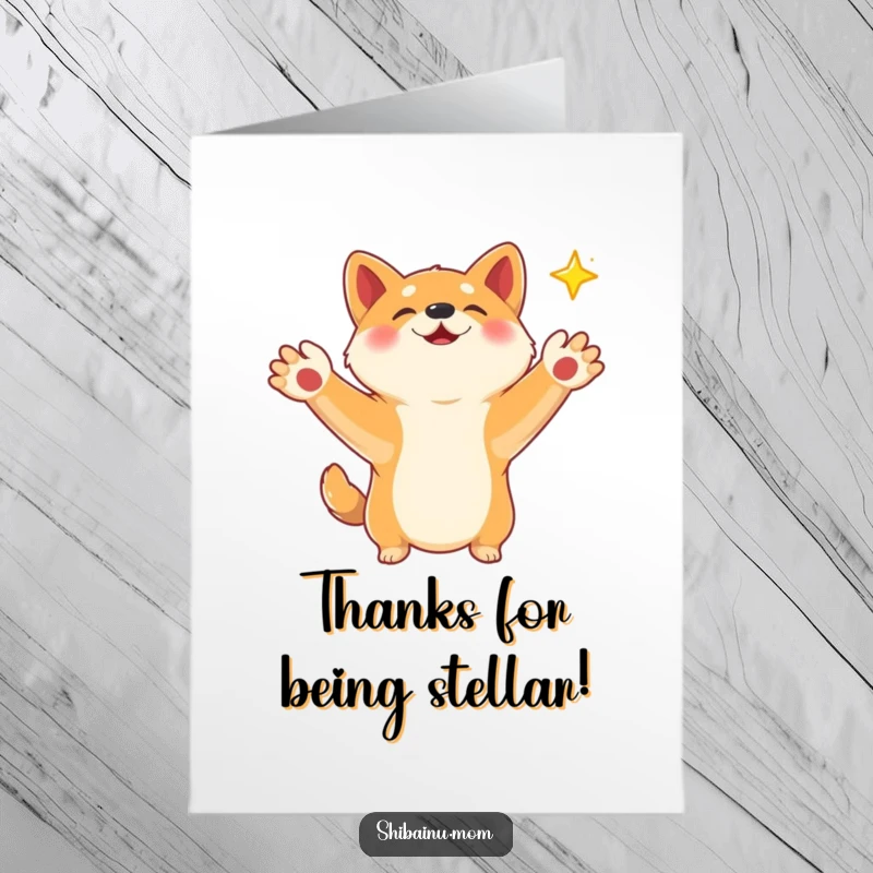 Funny free printable thank you card of a Shiba Inu with paws out, trying to catch a bright falling star.