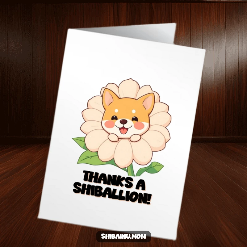 Funny Free Printable Thank You Card with a cute Shiba Inu hiding behind a big, cheerful flower.