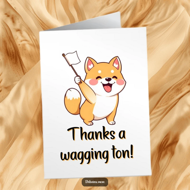 Funny Free Printable Thank You Card: Shiba Inu waving a tiny flag, tail wagging, perfect gift.
