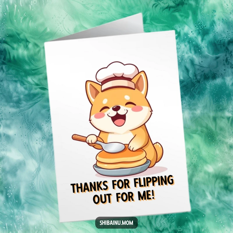 Funny free printable thank you card of a Shiba Inu chef in a small hat, expertly flipping a pancake.