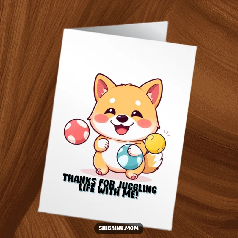 Free Printable Thank You Card: A happy Shiba Inu is shown juggling three vibrant balls, a delightful display.