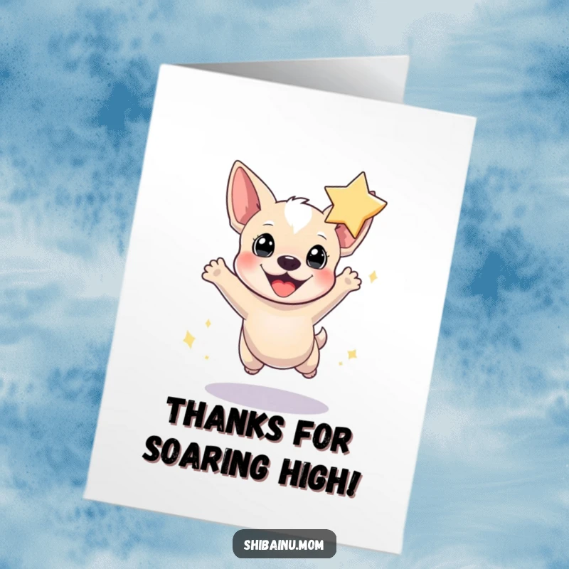Funny Free Printable Thank You Card: Tiny dog with pointed ears joyfully leaping alongside a bright star, saying thanks.