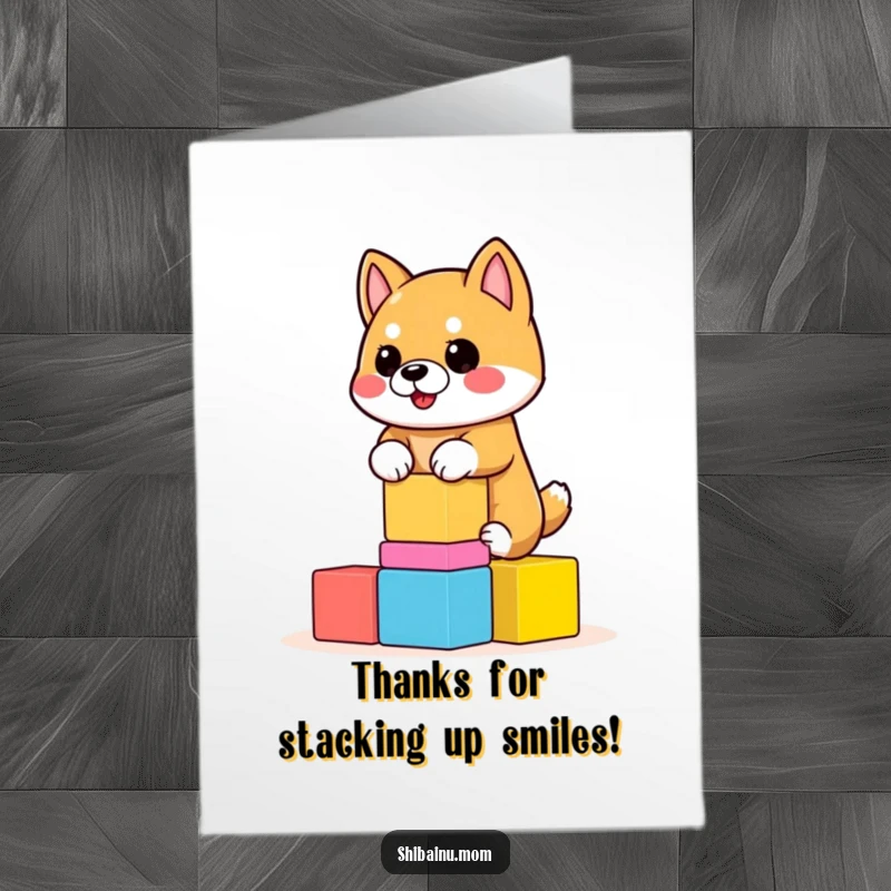 Funny Free Printable Shiba Inu Thank You Card: a dog balancing colorful, wobbly blocks, expressing thanks humorously.
