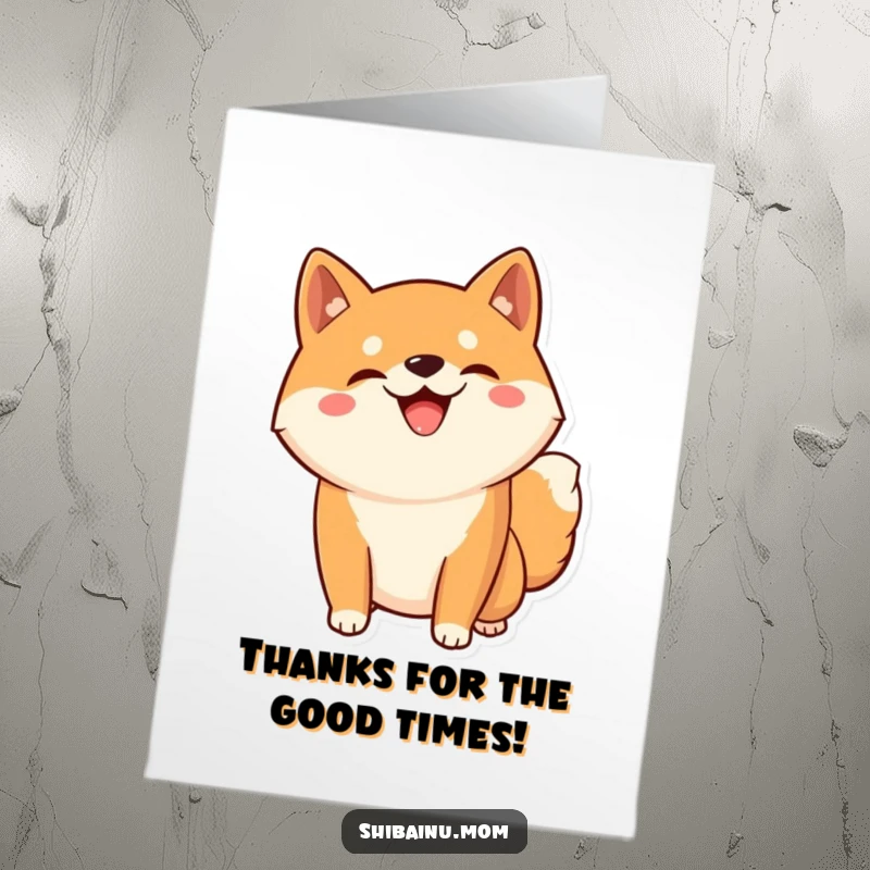 Funny free printable Kawaii Shiba Inu card, looking grateful with a silly grin and a playful, happy pose.