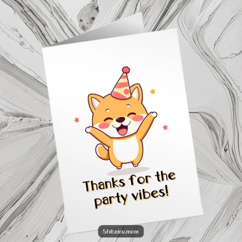 Funny Free Printable Thank You Card: Kawaii Shiba Inu in a party hat, bouncing with excitement to express thanks.