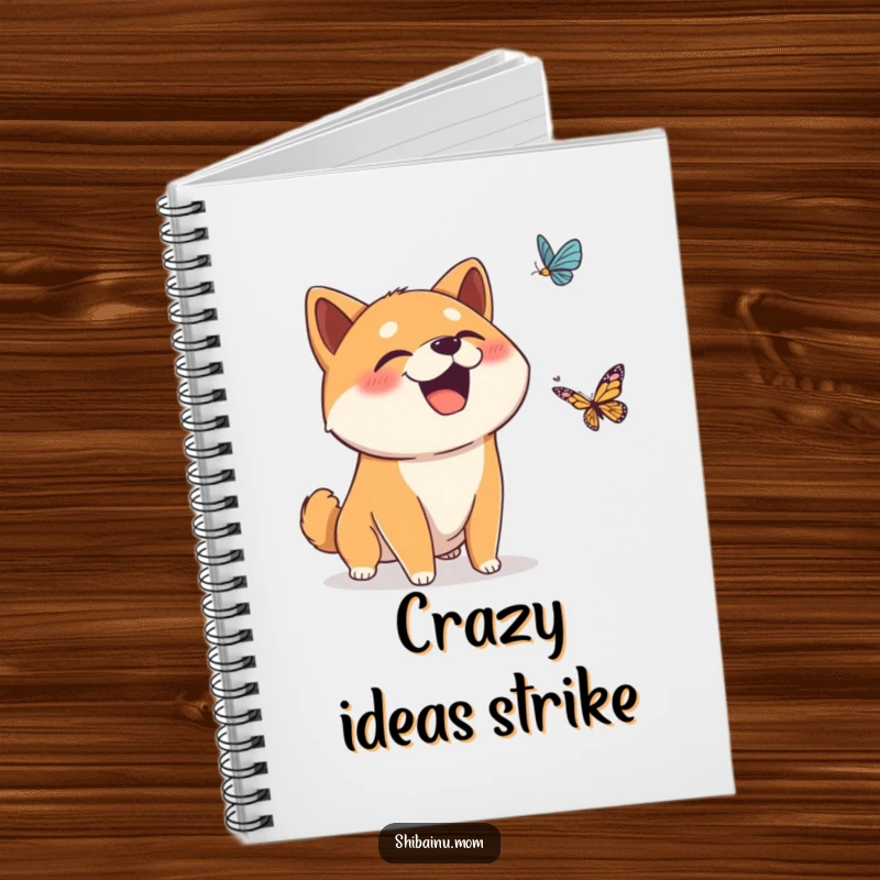 Funny notebook featuring a surprised Shiba Inu dog giggling at a falling butterfly, ideal for note-taking and capturing funny thoughts.