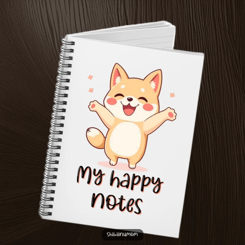 Funny Shibainu notebook featuring a dog doing a happy dance with paws in the air, perfect for jotting notes.