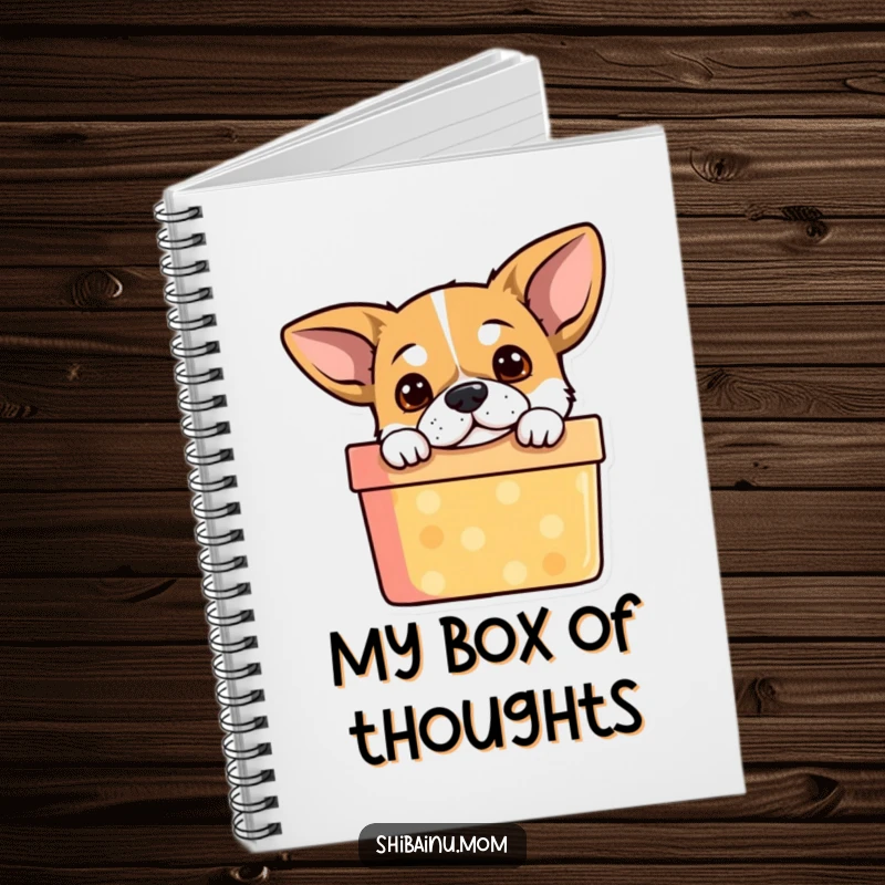 Funny Dog Notebook: A curious puppy with alert ears peeking from a gift box, inspiring notes and doodles.