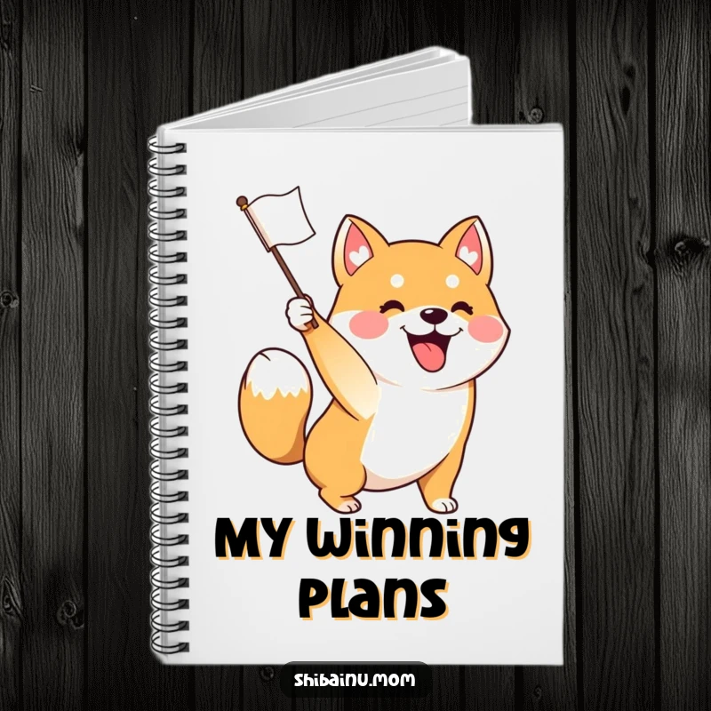 Funny notebook featuring an excited Shiba Inu dog waving a flag, tail wagging furiously, ideal for note-taking and planning celebrations.