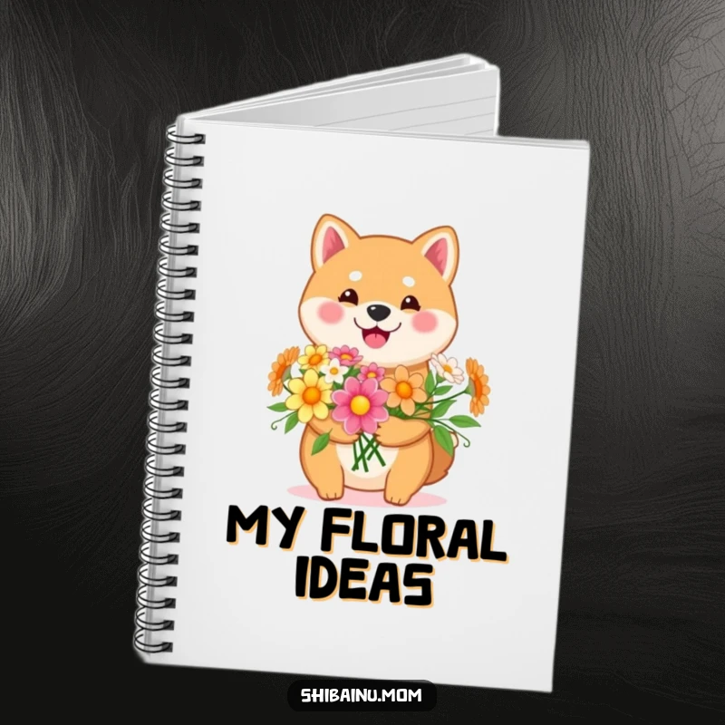 Funny Kawaii Shiba Inu notebook with a happy dog holding a bouquet of flowers. Ideal for journaling, a cute and funny gift.