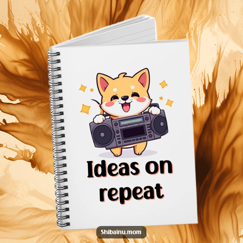 Funny notebook featuring an energetic Shiba Inu holding a boombox and bopping its head, ideal for music lovers’ notes and creative doodles.