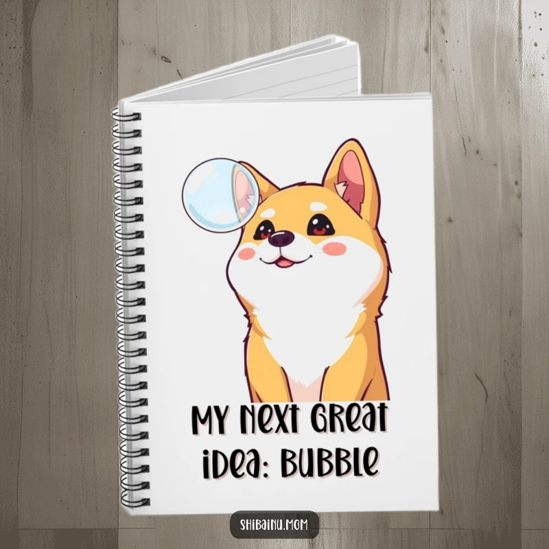 Funny Shiba Inu notebook, a curious dog looks up at a floating bubble, encouraging cheerful note-taking and creative journaling.