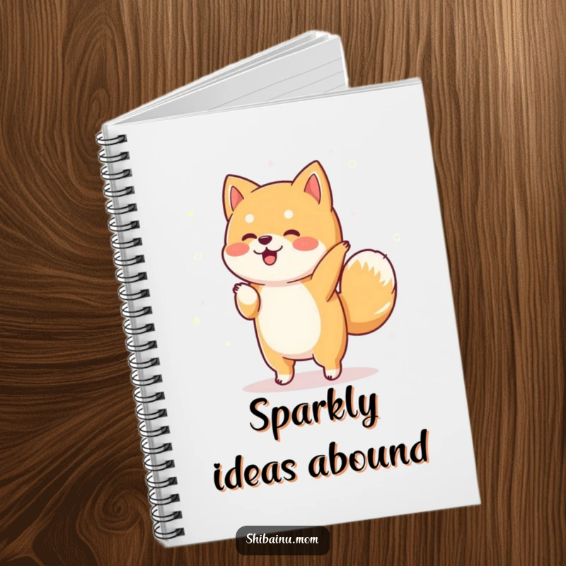Funny Shiba Inu notebook with a dancing dog and surrounding sparkles, perfect for jotting down ideas with a magical touch.