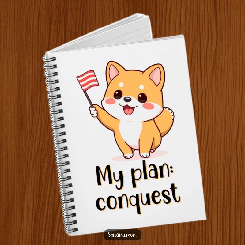 Funny Shiba Inu notebook, an enthusiastic dog waves a flag, encouraging spirited note-taking and dynamic ideas.
