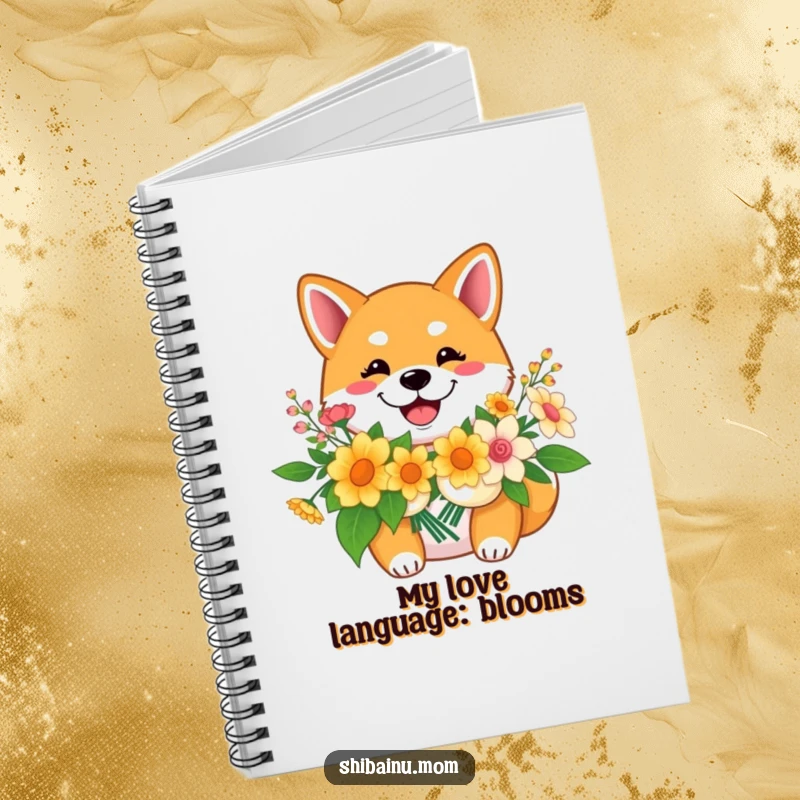 Funny Shiba Inu notebook, a smiling dog holds flowers, encouraging happy note-taking and joyful writing.