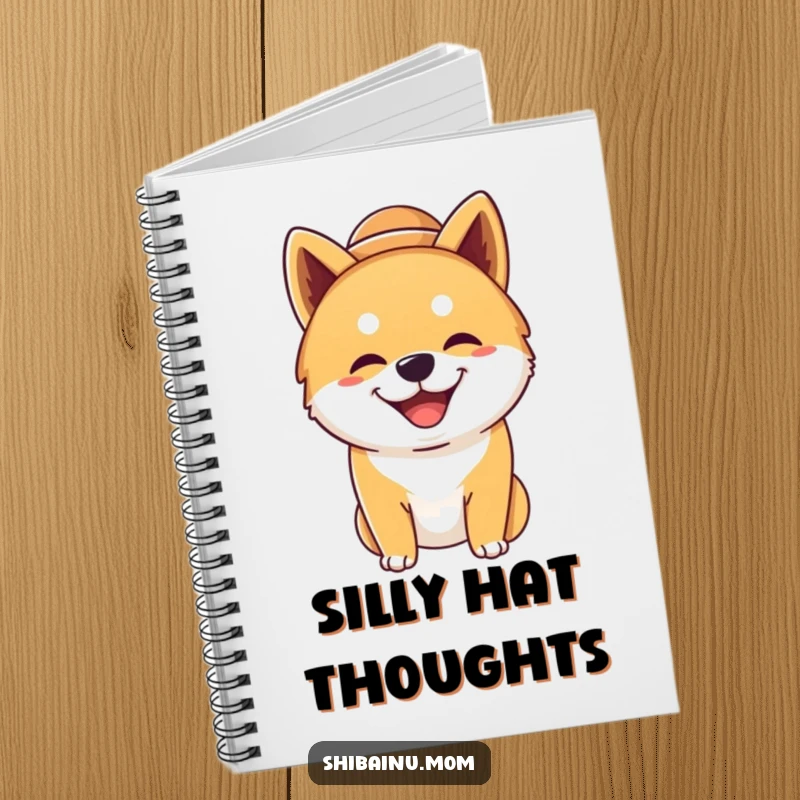 Funny silly Shiba Inu dog notebook, wearing an oversized hat, grinning widely, featuring a humorous and happy dog, perfect for writing.