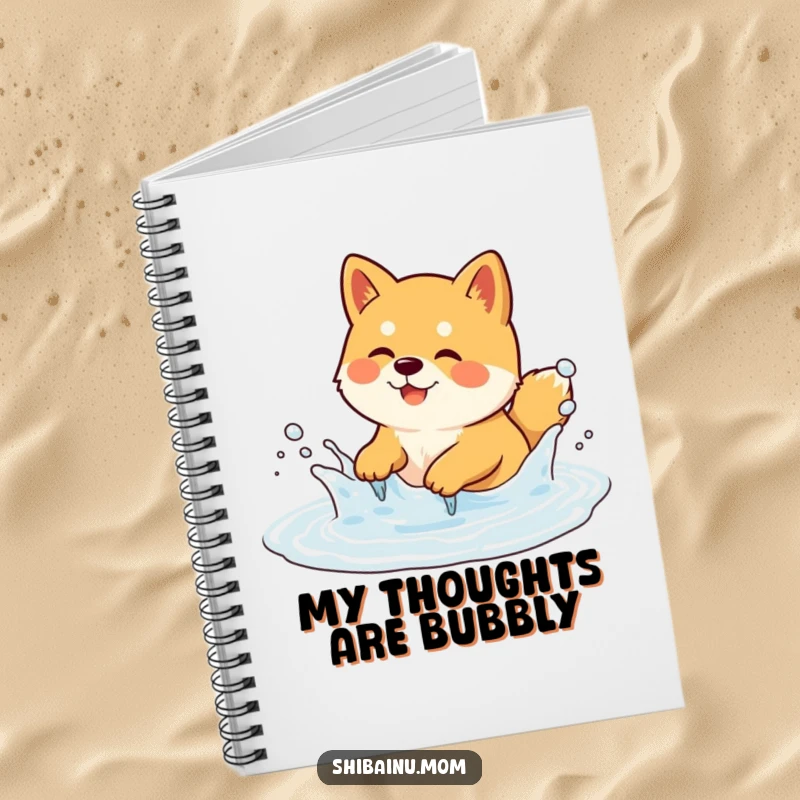 Funny Shiba Inu Notebook with a dog playfully splashing in a bubbly puddle. Perfect for journaling, a funny gift.