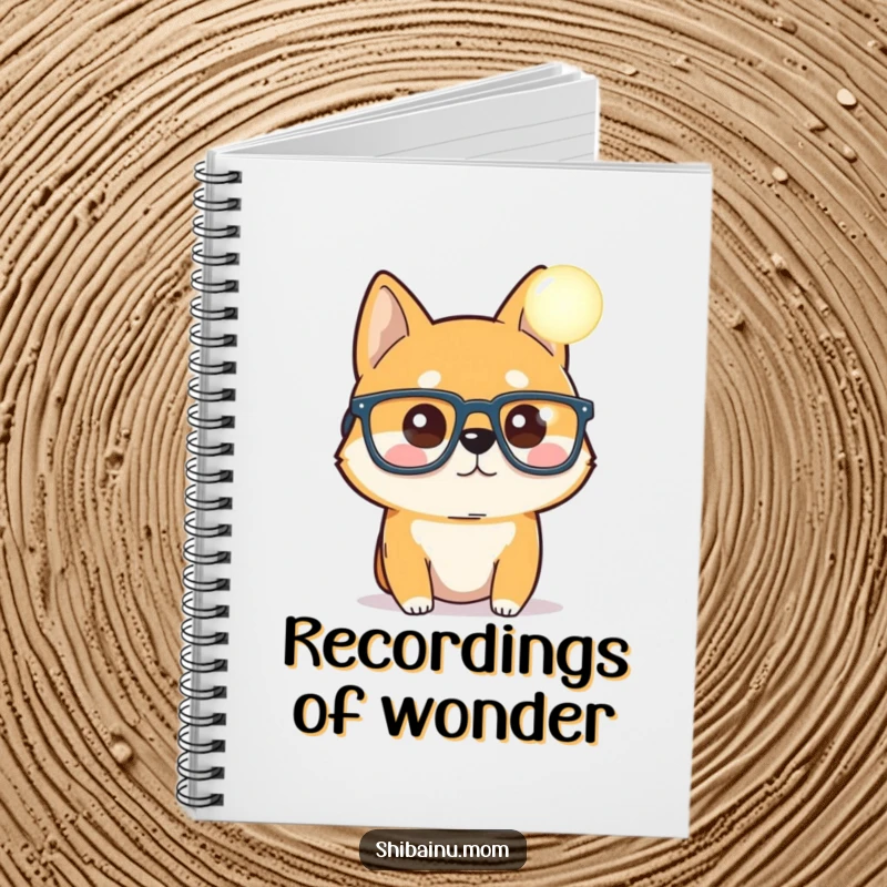 Funny Shiba Inu notebook, oversized glasses, looking curiously at a glowing orb, ideal for notes and creative thinking, a funny gift.