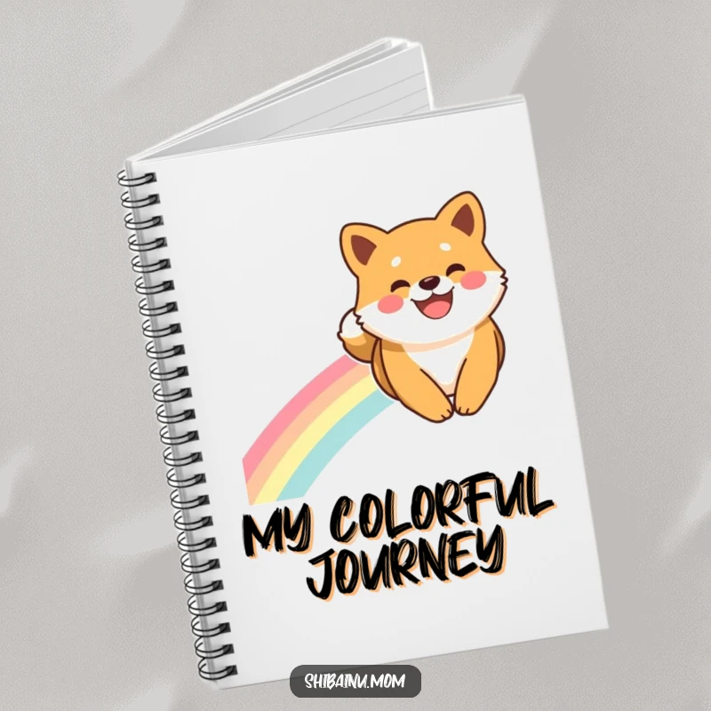 Funny Shiba Inu Notebook: A Shiba Inu with a wide smile slides down a rainbow, ready to capture your happy thoughts.